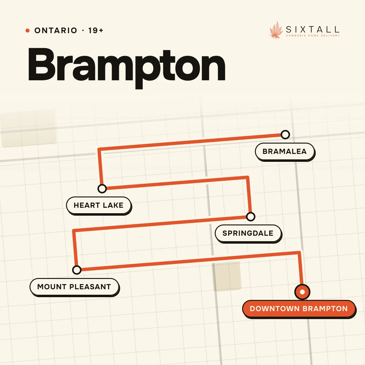 Illustrated delivery map of Brampton, Ontario, marking Bramalea, Heart Lake, Springdale, Mount Pleasant and Downtown Brampton