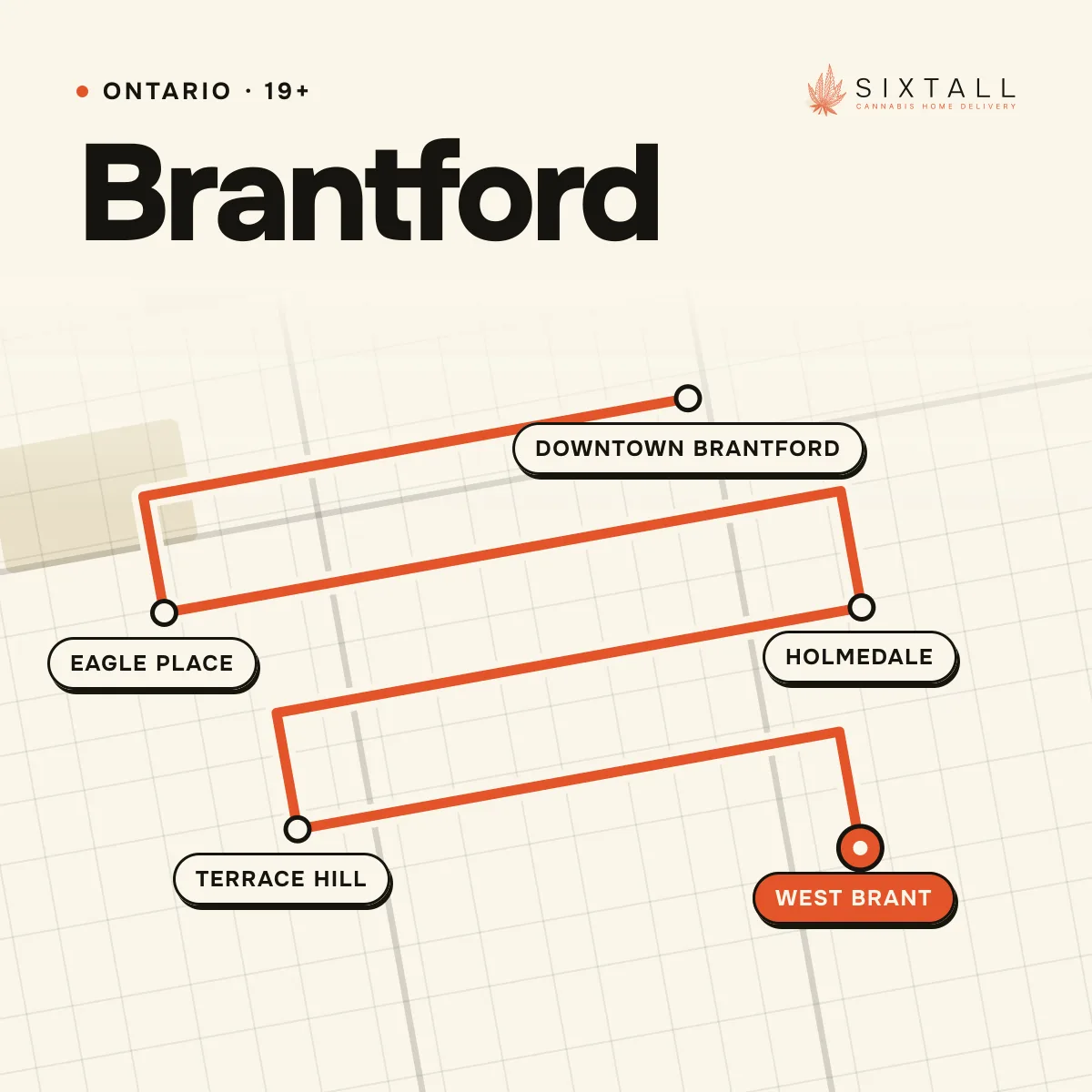 Illustrated delivery map of Brantford, Ontario, marking Downtown Brantford, Eagle Place, Holmedale, Terrace Hill and West Brant