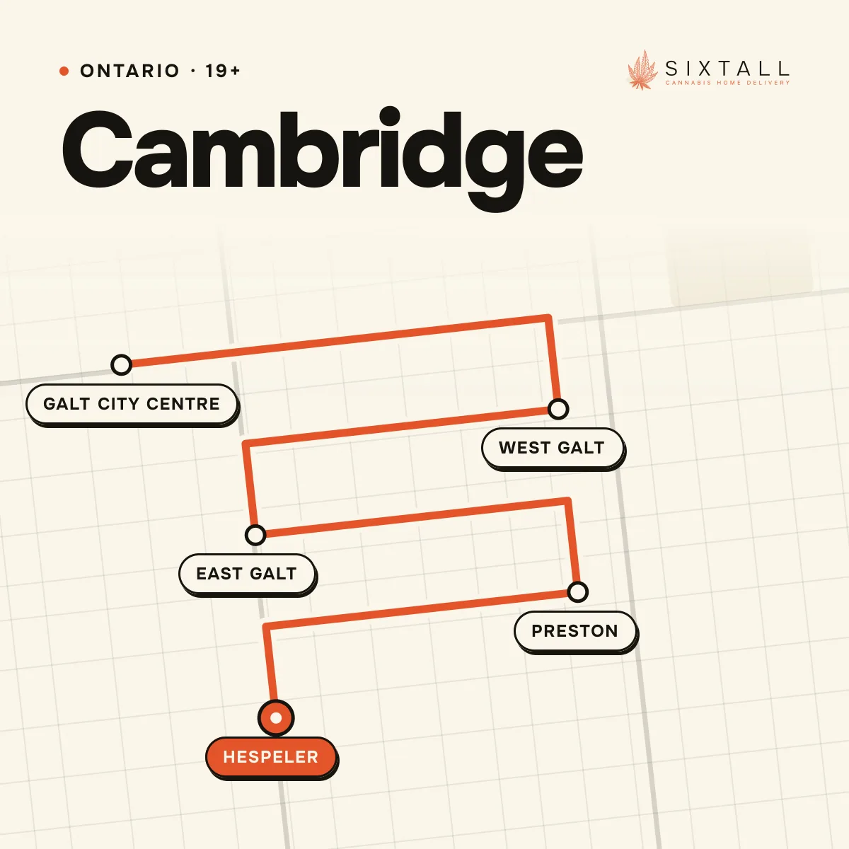 Illustrated delivery map of Cambridge, Ontario, marking Galt City Centre, West Galt, East Galt, Preston and Hespeler
