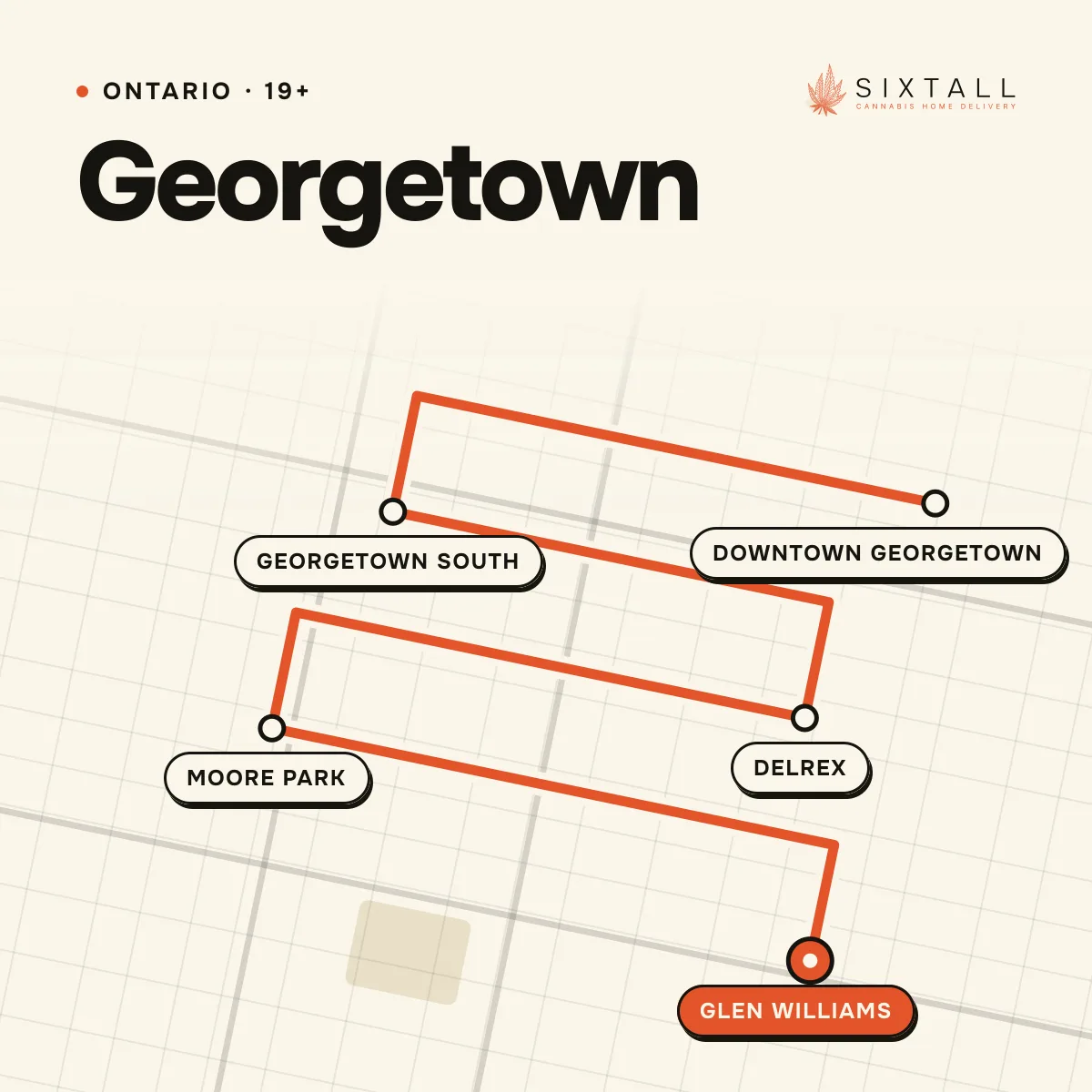 Illustrated delivery map of Georgetown, Ontario, marking Downtown Georgetown, Georgetown South, Delrex, Moore Park and Glen Williams