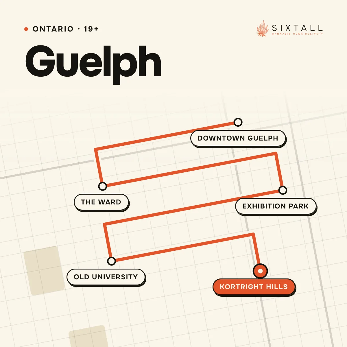 Illustrated delivery map of Guelph, Ontario, marking Downtown Guelph, The Ward, Exhibition Park, Old University and Kortright Hills