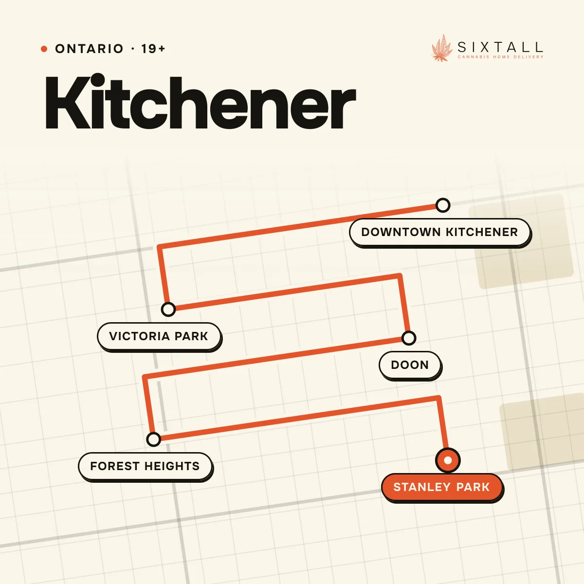 Illustrated delivery map of Kitchener, Ontario, marking Downtown Kitchener, Victoria Park, Doon, Forest Heights and Stanley Park