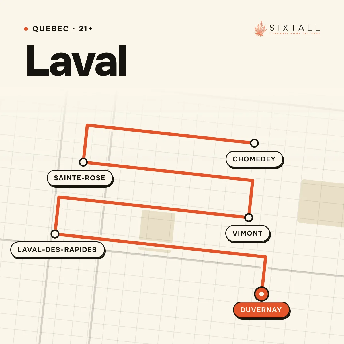 Illustrated delivery map of Laval, Quebec, marking Chomedey, Sainte-Rose, Vimont, Laval-des-Rapides and Duvernay
