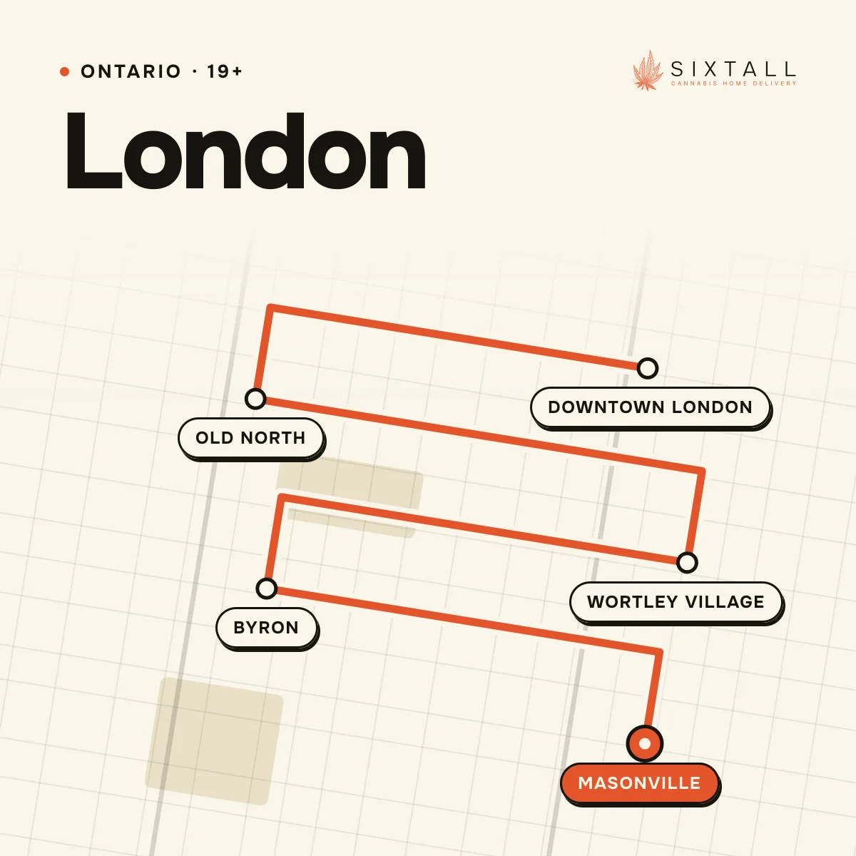 Illustrated delivery map of London, Ontario, marking Downtown London, Old North, Wortley Village, Byron and Masonville