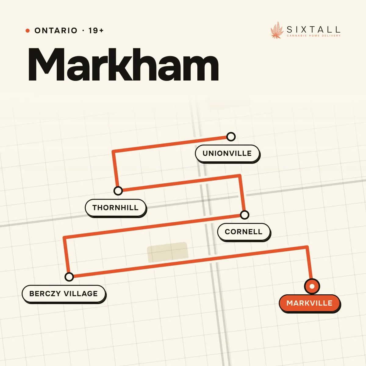 Illustrated delivery map of Markham, Ontario, marking Unionville, Thornhill, Cornell, Berczy Village and Markville