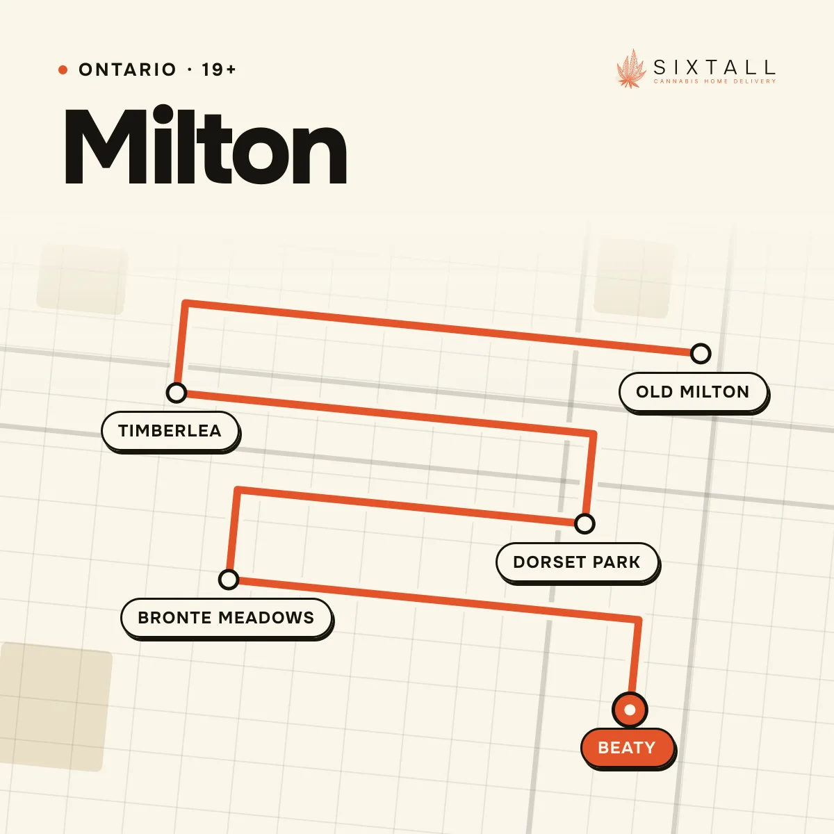 Illustrated delivery map of Milton, Ontario, marking Old Milton, Timberlea, Dorset Park, Bronte Meadows and Beaty