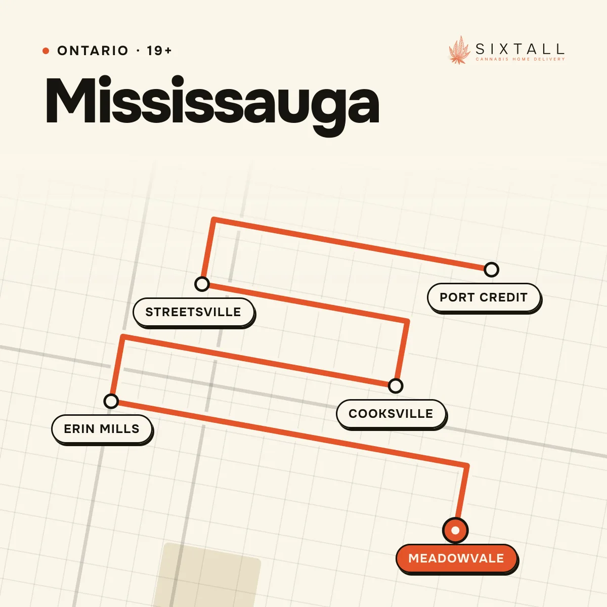 Illustrated delivery map of Mississauga, Ontario, marking Port Credit, Streetsville, Cooksville, Erin Mills and Meadowvale