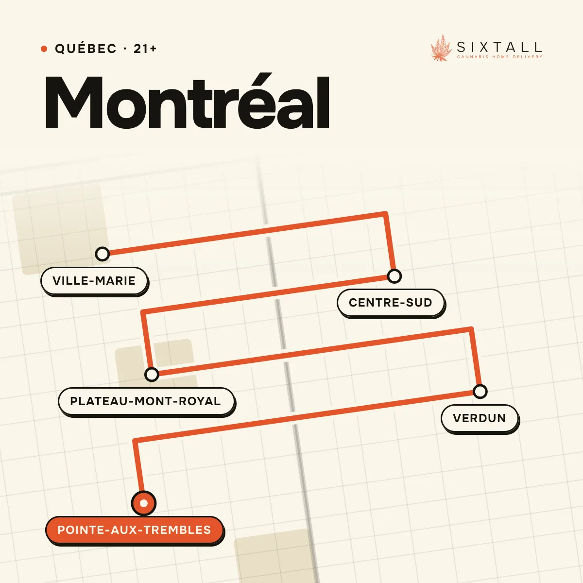 Carte de livraison illustrée de Montréal (Québec) indiquant Ville-Marie, Centre-Sud, Plateau-Mont-Royal, Verdun et Pointe-aux-Trembles