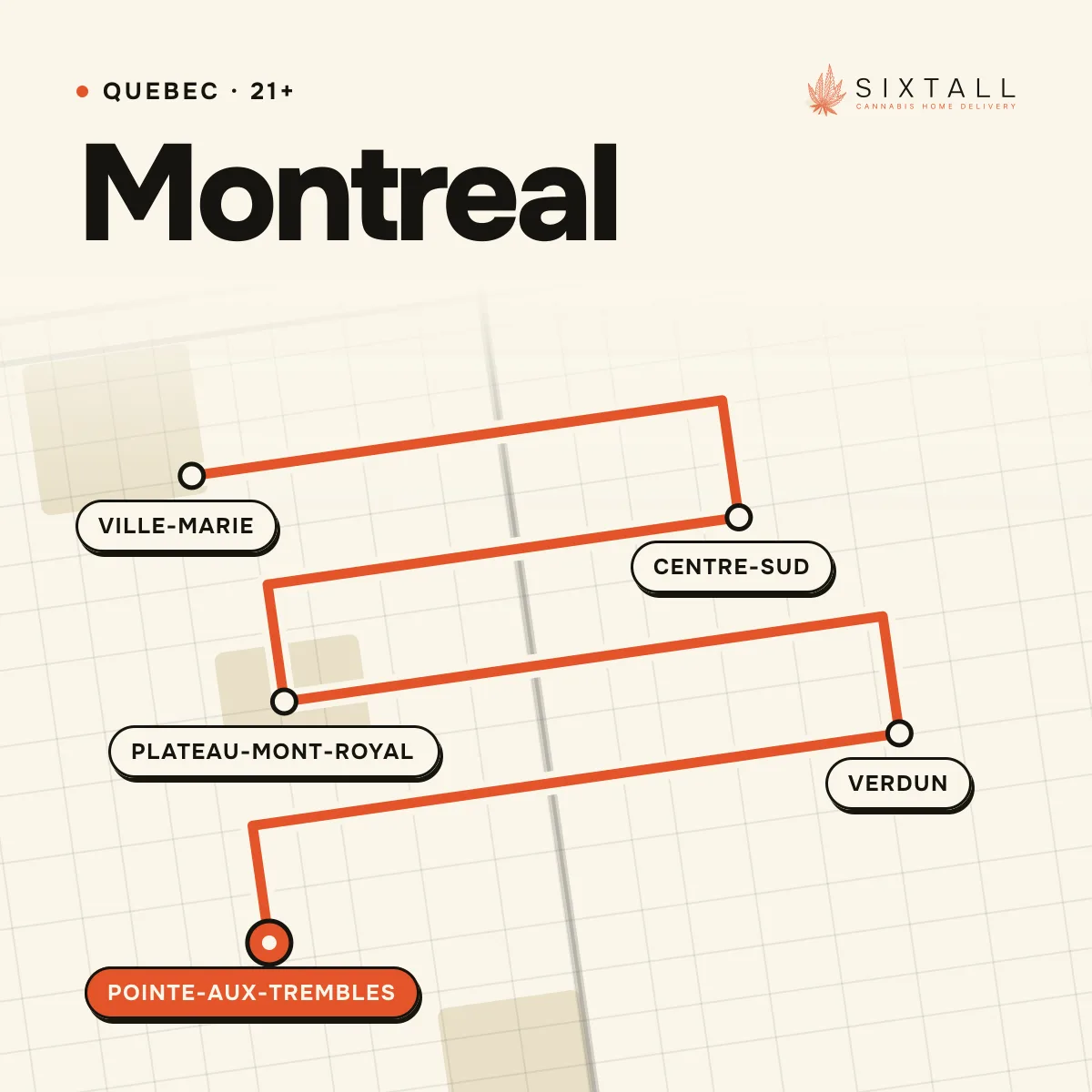 Illustrated delivery map of Montreal, Quebec, marking Ville-Marie, Centre-Sud, Plateau-Mont-Royal, Verdun and Pointe-aux-Trembles
