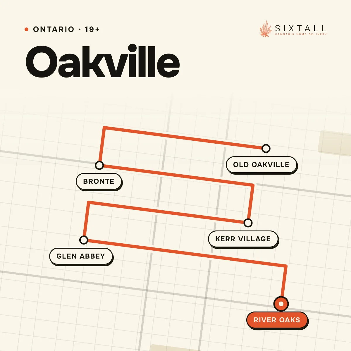 Illustrated delivery map of Oakville, Ontario, marking Old Oakville, Bronte, Kerr Village, Glen Abbey and River Oaks