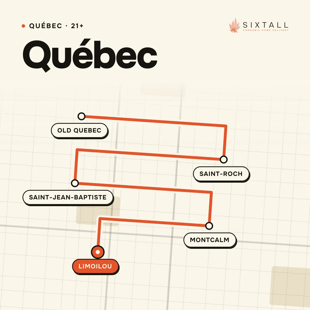 Carte de livraison illustrée de Québec (Québec) indiquant Old Quebec, Saint-Roch, Saint-Jean-Baptiste, Montcalm et Limoilou