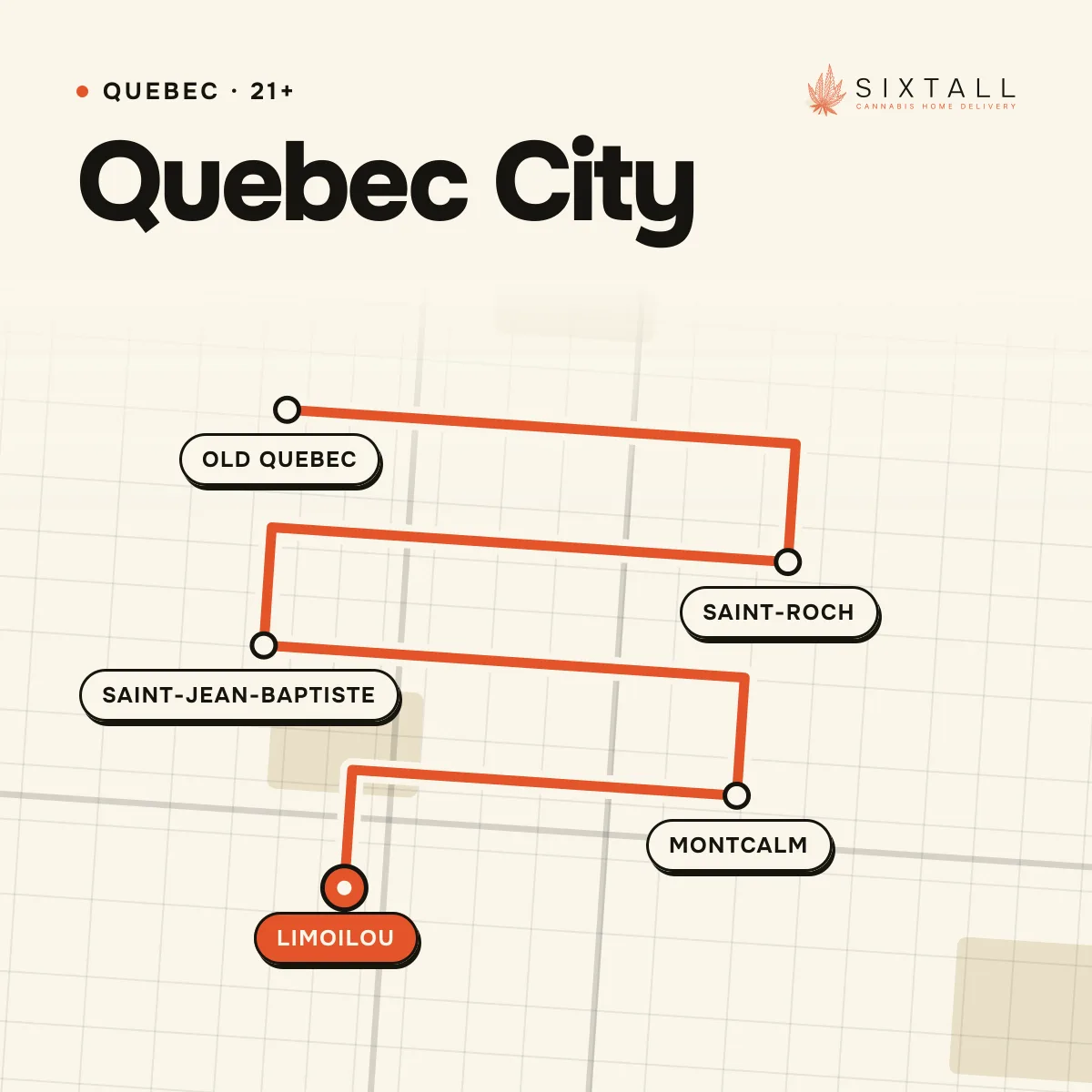 Illustrated delivery map of Quebec City, Quebec, marking Old Quebec, Saint-Roch, Saint-Jean-Baptiste, Montcalm and Limoilou