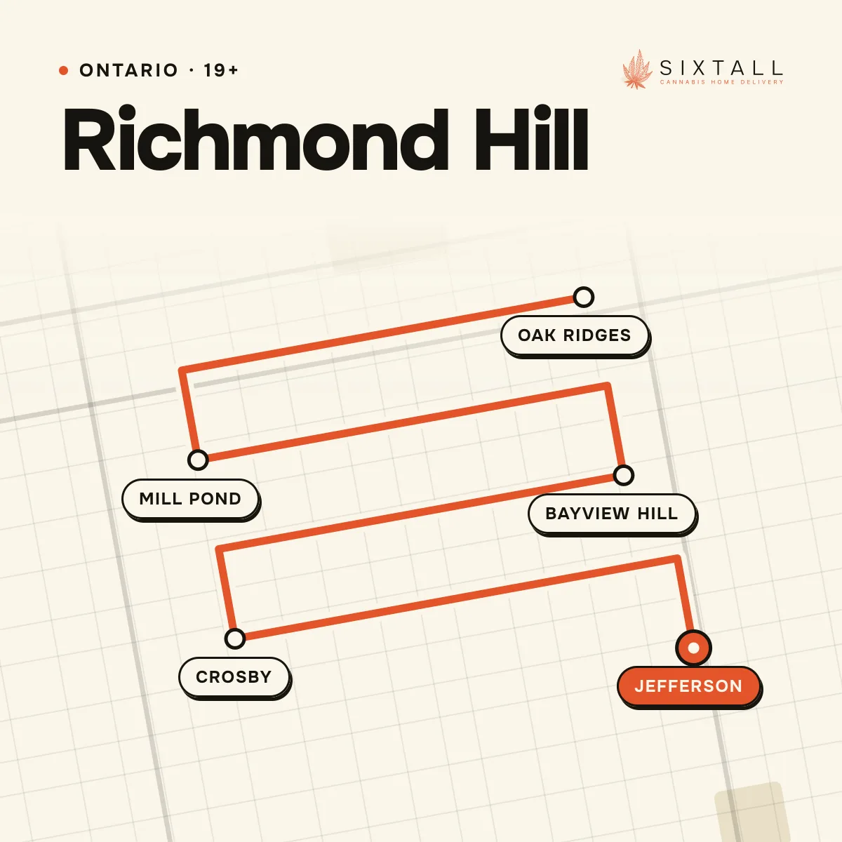 Illustrated delivery map of Richmond Hill, Ontario, marking Oak Ridges, Mill Pond, Bayview Hill, Crosby and Jefferson