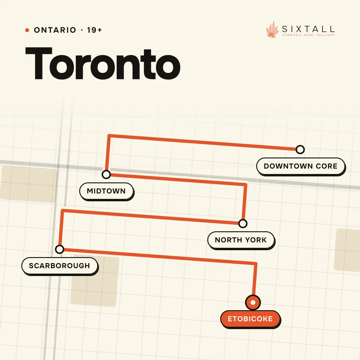 Illustrated delivery map of Toronto, Ontario, marking Downtown Core, Midtown, North York, Scarborough and Etobicoke