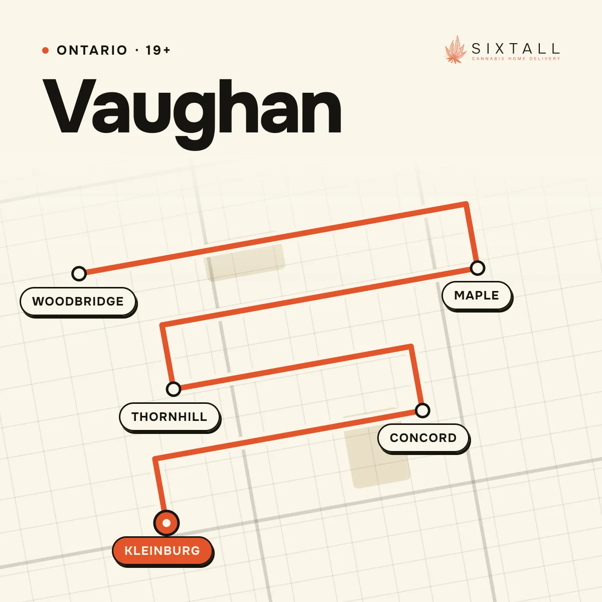 Illustrated delivery map of Vaughan, Ontario, marking Woodbridge, Maple, Thornhill, Concord and Kleinburg