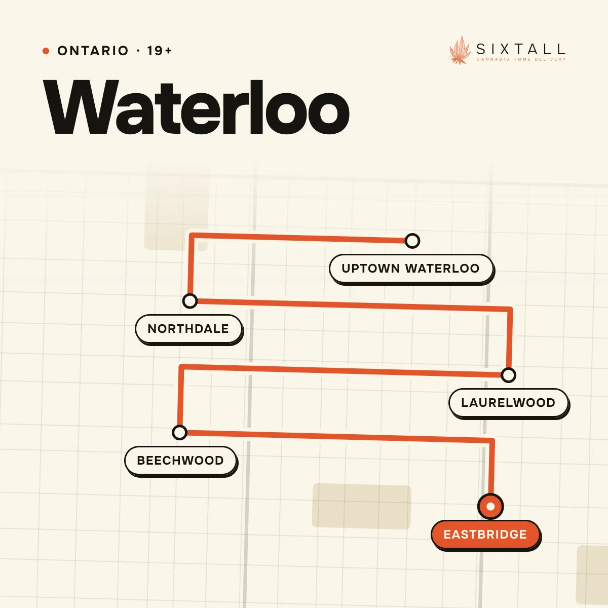 Illustrated delivery map of Waterloo, Ontario, marking Uptown Waterloo, Northdale, Laurelwood, Beechwood and Eastbridge
