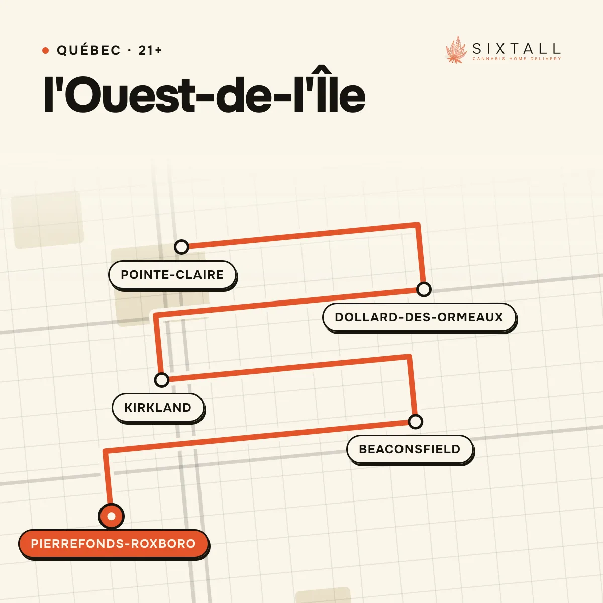 Carte de livraison illustrée de l'Ouest-de-l'Île (Québec) indiquant Pointe-Claire, Dollard-des-Ormeaux, Kirkland, Beaconsfield et Pierrefonds-Roxboro