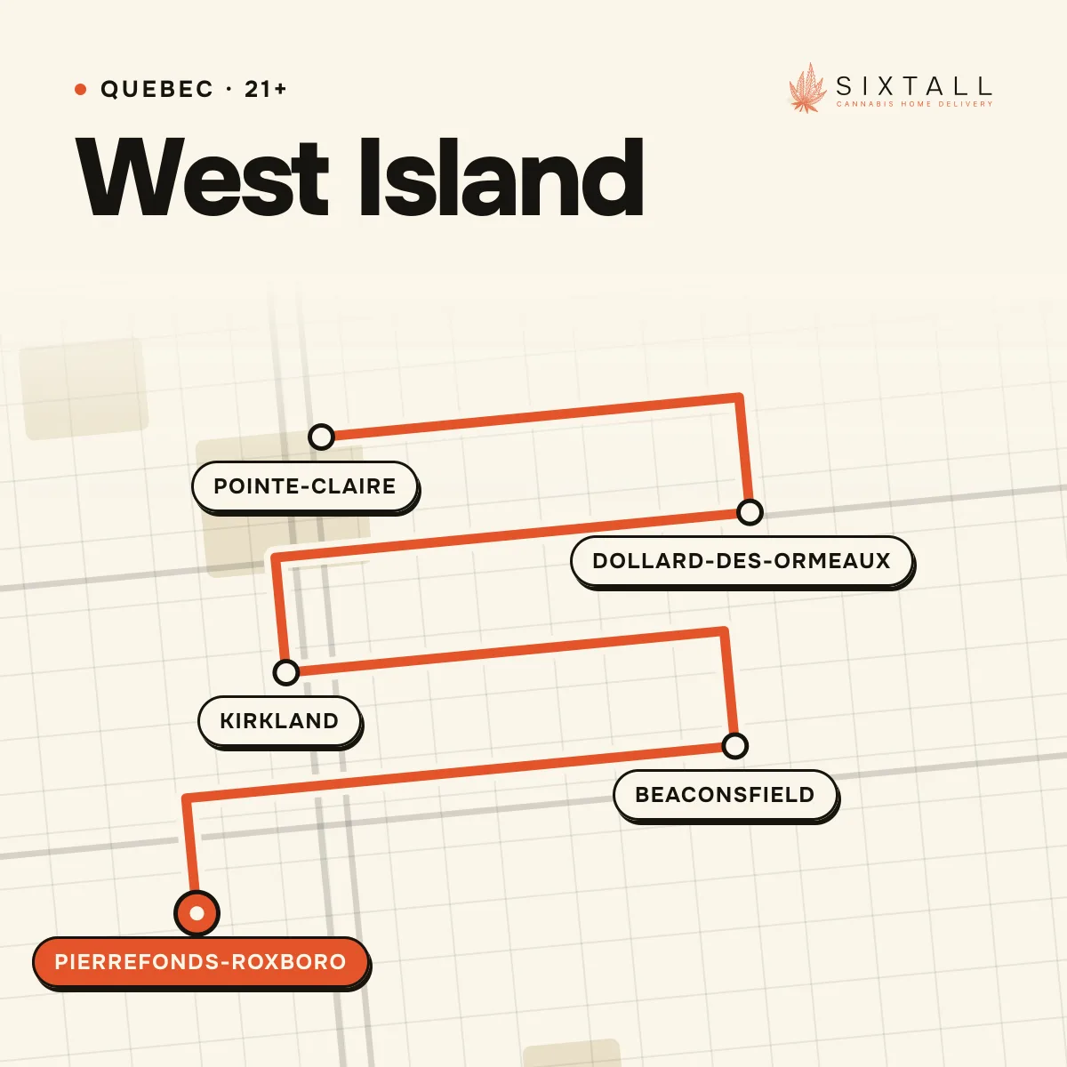 Illustrated delivery map of West Island, Quebec, marking Pointe-Claire, Dollard-des-Ormeaux, Kirkland, Beaconsfield and Pierrefonds-Roxboro